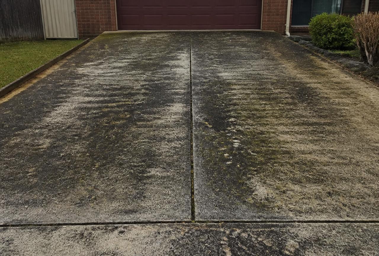 Concrete driveway covered in black mould before a Tidal Force clean