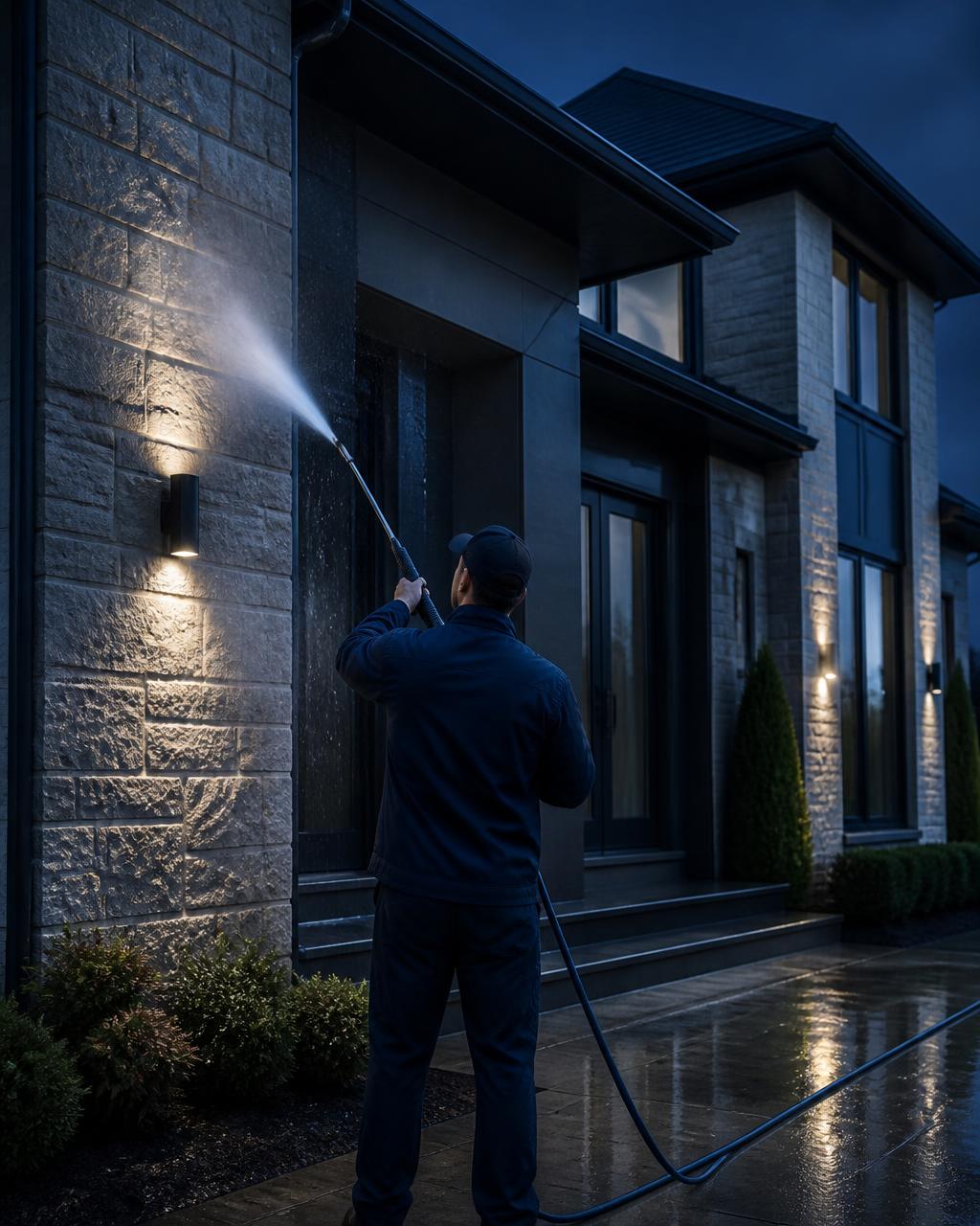 Tidal Force technician pressure washing a stone home facade at dusk