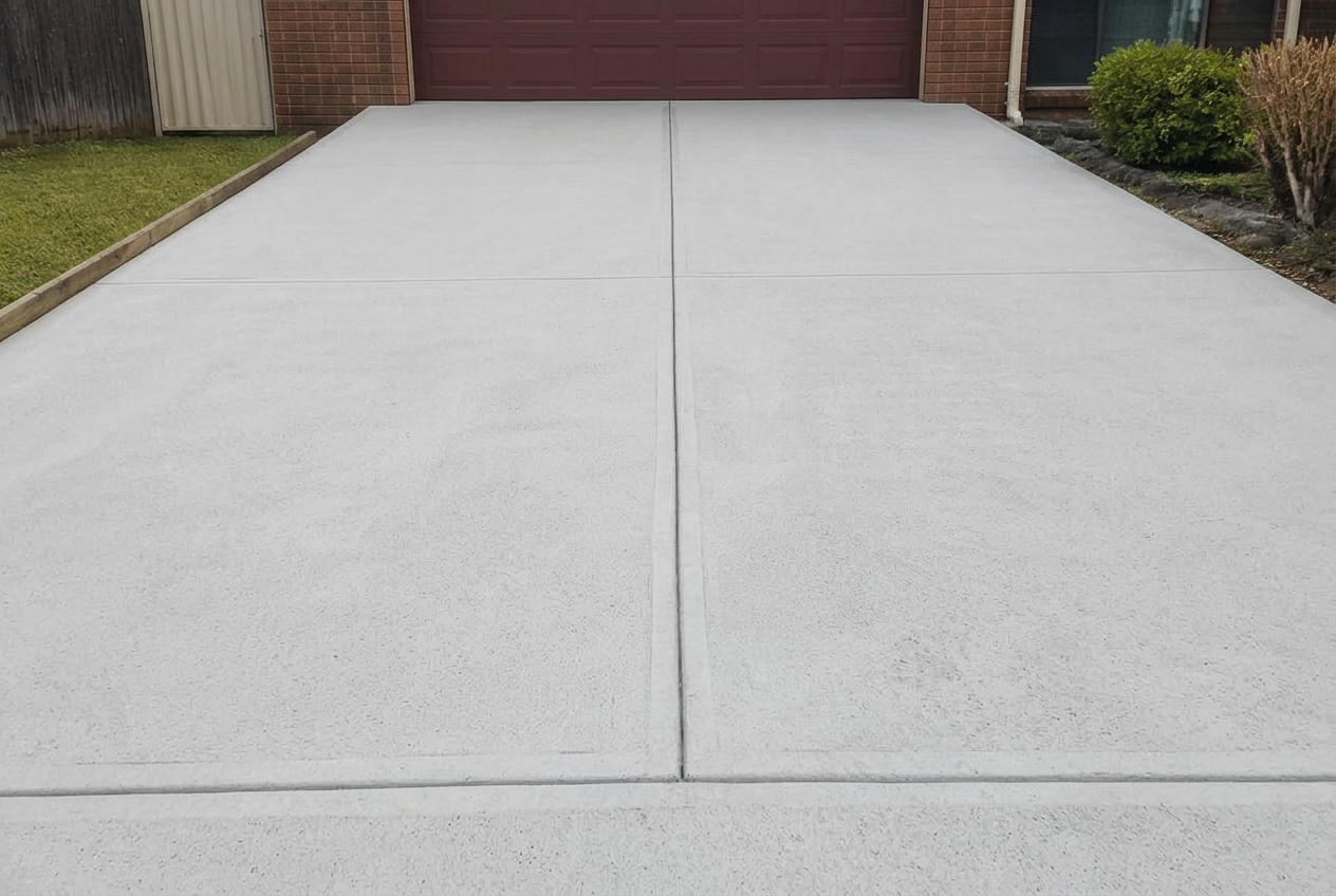 The same concrete driveway restored to an even, clean finish after cleaning